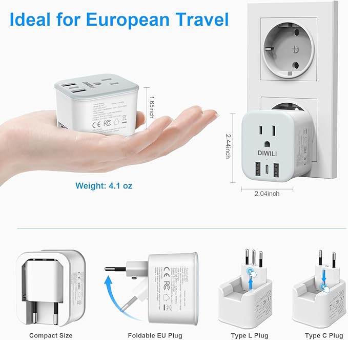 European Travel Plug Adapter, Foldable Power Adapter with 3 USB(1 USB C Port) and 1 AC Outlets, 2 in 1 Type C/L EU Outlet Adapter for US to Most of Europe France Germany Spain Italy(1 Pack)