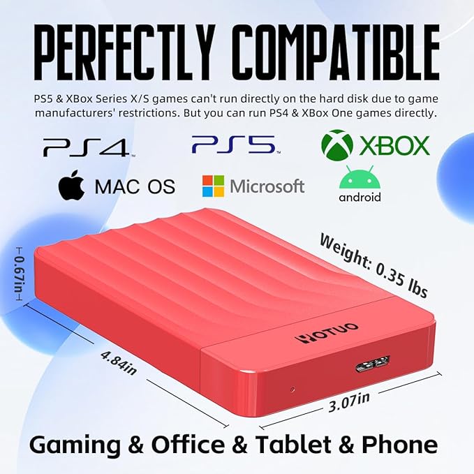 Portable External Hard Drive Storage Expansion Mobile HDD USB 3.0 for PC, Mac, Desktop, Laptop, PS4, PS5, Xbox One X/S, Xbox 360, Xbox Series X/S, Office & Game (Red, 1TB)