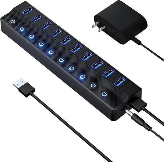 Powered USB Hub 3.0, 10-Port USB Splitter Hub with Individual On/Off Switches and 12V/2A Power Adapter USB Extension