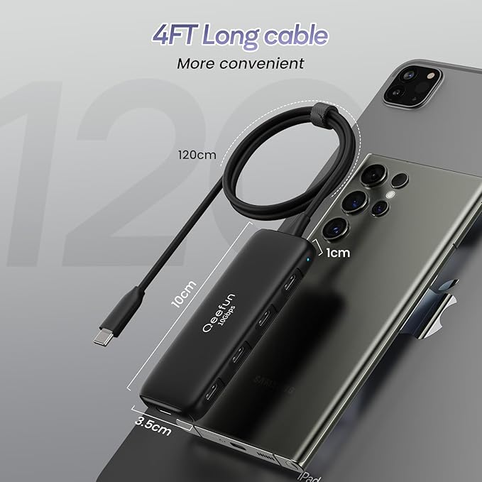 Qeefun USB C Hub 10Gbps, 4 Ports USB-C 3.2 Data Splitter, USB 3.2 Gen 2 Adapter with 100W Power Charging Port, USBC Extender for iPad Pro, iPhone 15, MacBook Air/Pro M2 M1, PC, Laptops and More