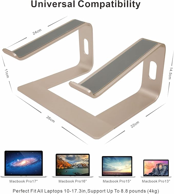 Ergonomic Aluminum Laptop Stand - Detachable Mount Compatible With MacBook Pro/Air, HP, Lenovo, Samsung, Huawei - All 10-17.3" Laptops (Gold)
