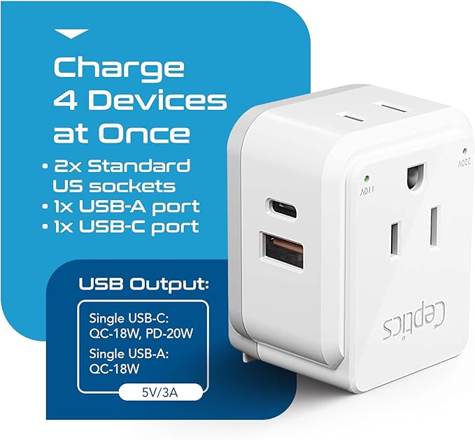 Ceptics International Power Plug Adapter Travel Set, 20W PD & QC, Safe Dual USB & USB-C 3.1A - 2 USA Outlet - Compact - Use Europe, Asia, Africa In Worldwide - Includes 13 Type SWadAPt Attachments