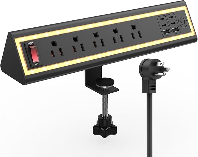 Desk Clamp Power Strip with Nightlight, 40W Fast Charging, 6FT Extension Cord, 4x20W USB-C & 2 USB Ports, 5 AC Outlets, Fits 1.69-Inch Table Edges