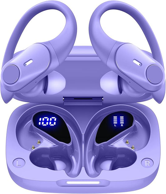 GOLREX Active Noise Cancelling Ear Buds Wireless Earbuds Bluetooth Headphones with 80H Playtime LED Display Charging Case, Over Ear Earphones with Hooks for Sports Running Gym Workout Purple