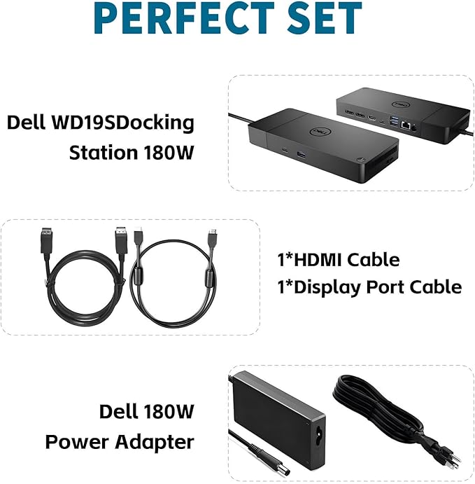 Dell WD19S 180W Docking Station, HDMI/Dual DisplayPort, Dell Docking Station with 130W Power Delivery, Dual Monitor Support,Bundle with 180W Adapter, HDMI/DP Cables (Renewed)