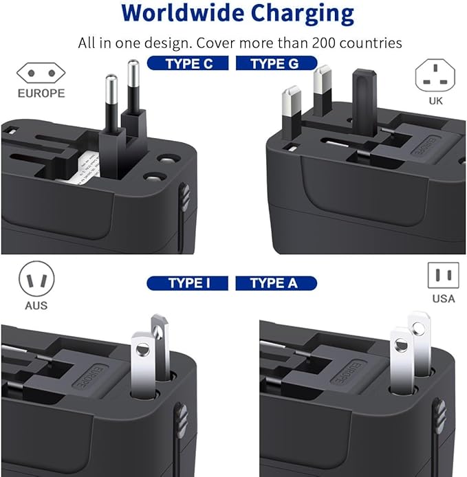 Universal Travel Adapter with 3.0A PD USB-C & QC USB-A Ports, Fast Charging International Plug Adapter, Worldwide Wall Charger AC Power Plug Converter Adaptor for US to EU UK AUS Asia