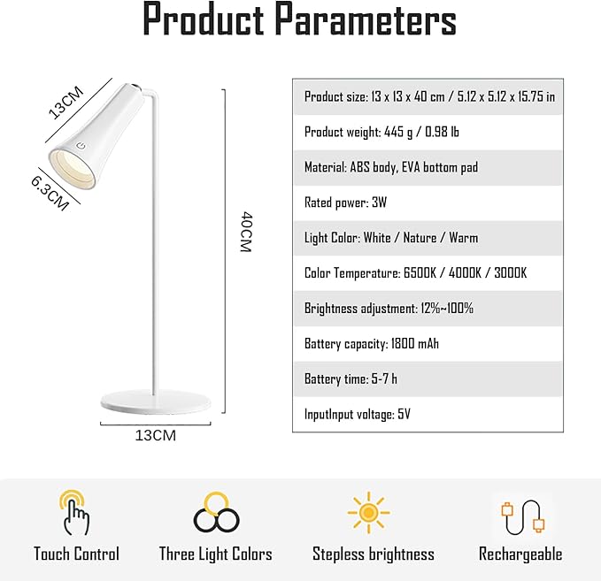 5 Modes Rechargeable LED Lamp with Magnet Swivel Joint, Touch Control, Adjustable Brightness, Color, 360° Angle, Can Become Desk Lamp, Clip Lamp, Wall Lamp, Flashlight, Portable Charger (White)