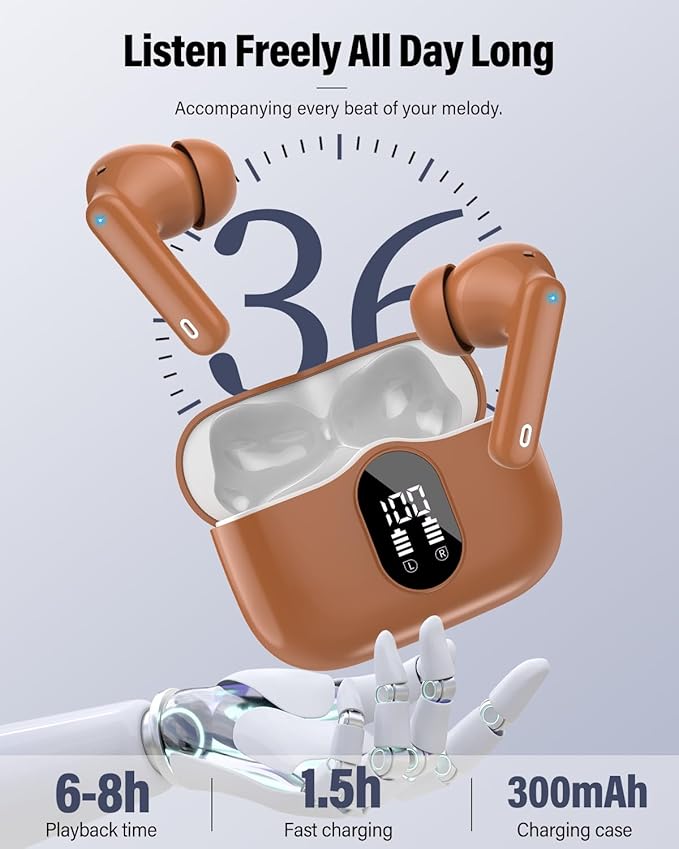 Wireless Earbuds, Bluetooth 5.4 Headphones Bass Stereo, Ear Buds with Noise Cancelling Mic, LED Display in Ear Earphones Clear Calls, IP7 Waterproof Bluetooth Earbuds for Laptop/Phones/Sports, Brown