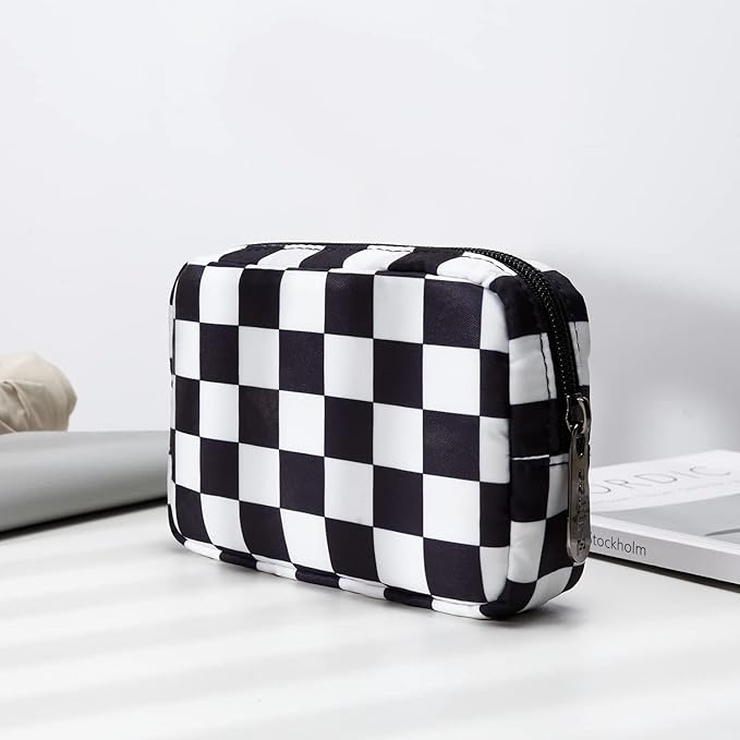 E-Tree Cute Small Makeup Bag, Cosmetic Toiletry Skin Care Make up Little Items Pouch for Purse,Zipper Mini Tech Charger Cable Electronic Organizer Case,Travel Accessories for Women Men Teen,Checkered