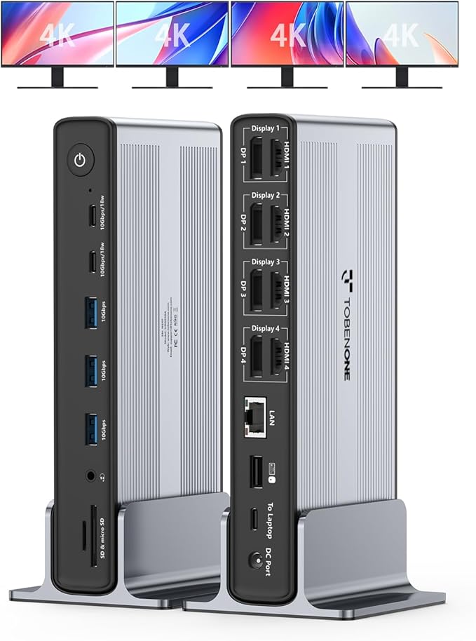TobenONE DisplayLink Docking Station 4 Monitors, 20-in-1 Quad 4K@60Hz HDMI Display with 150W Power Supply for Thunderbolt 5/4/3, USB-C Windows,Chrome, MacBook/Mac mini(6 USB, Ethernet, SD/Micro SD)