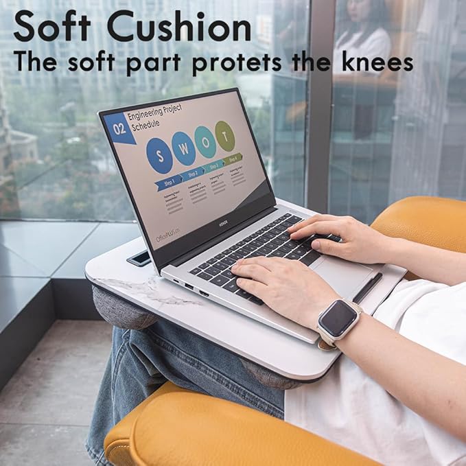 Portable Laptop Desk Fits Up to 16“ Laptops, with Tablet Slot, Built-in Cushion, Great for Home & Office,Lap Desk for Laptop,Lap Desk with Cushion (White Marble, Medium)