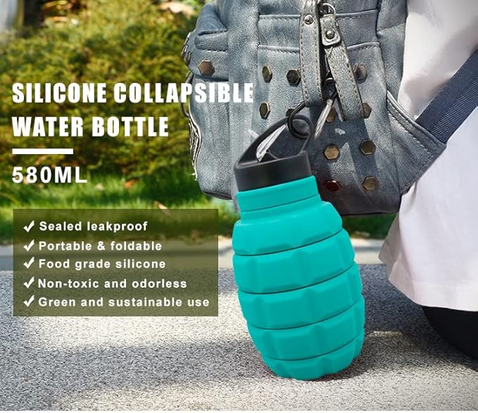 QiCheng&LYS 19.5oz Collapsible Travel Water Bottle, Reuseable BPA Free Silicone Foldable Water Bottles for Travel Gym Camping Hiking, Portable Leak Proof Sports Water Bottle with Carabiner(Blue)