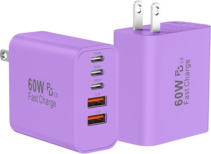 USB C Fast Wall Charger Block, 2Pack 60W USBC Charging Cubes, 5-Port PD+QC Power Adapter Multiport Brick Type C Box Plug for Phone 16/15/14/13/12/11/Pro Max/Plus, Pad Mini/Pro/S25/S24-Purple