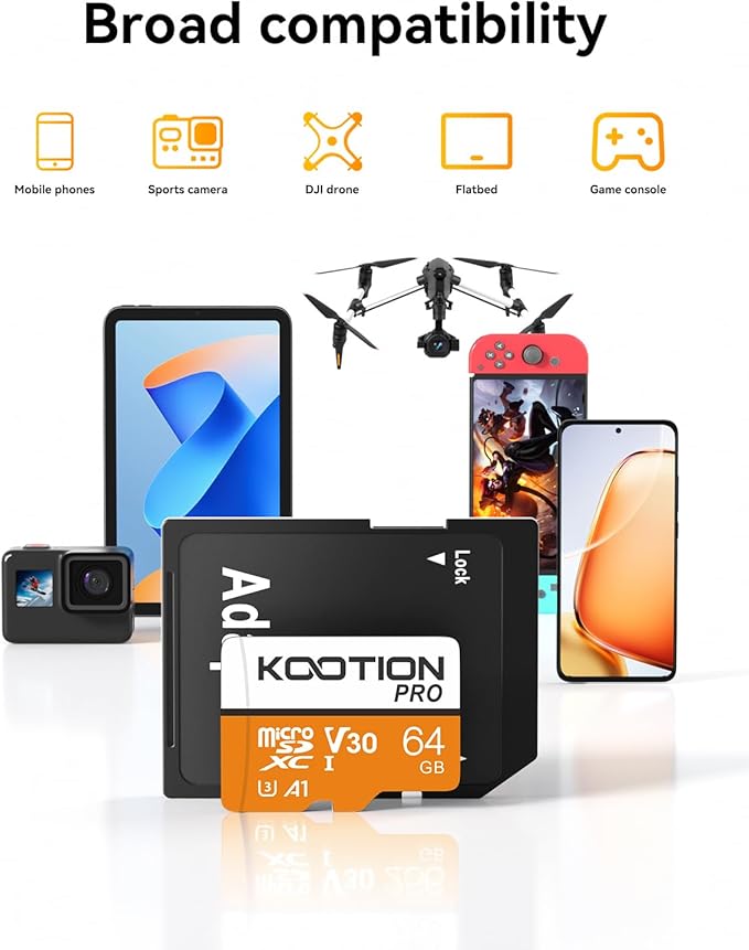 KOOTION 64GB Micro SD Card 10-Pack with Adapter, U3 TF Flash Memory Card V30, A1, 4K UHD, microSDXC Memory Card
