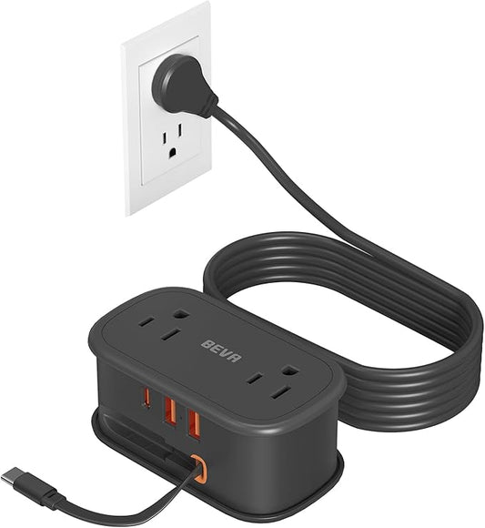 Travel Power Strip, BEVA 5ft Flat Plug Extension Cord with Retractable USB C Cable, Portable Power Strip Flat Plug 2 Outlets 3 USB Ports, Compact for Travel Hotel Cruise Essentials (Black)
