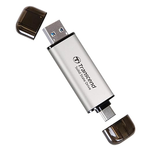 Transcend 1TB External SSD, Up to 1,050MB/s, Dual USB Flash Drive for iPhone17,16,15/ Pixel/Android Phones/Tesla/iPad/Mac/Steam Deck/ROG Ally/MSI Claw/PS5, 2-in-1 Type C&A, USB 3.2 Gen2 Portable SSD
