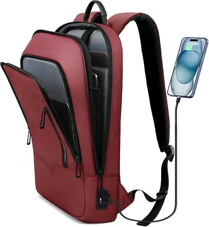 hk Backpack for Men Business Slim Backpack with USB Charger Computer Lightweight Anti-theft Travel (Red, 17.3 Inch)