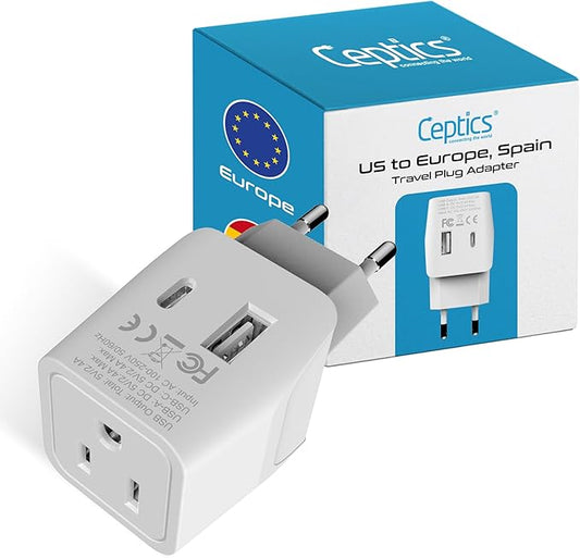 Ceptics 3 in 1 European Travel Plug Adapter - Compact Type C Adapter with USB-A & USB-C, Ideal for Phones, Laptops, Cameras & More, Perfect for Belgium, France and other EU countries - CTU-9C