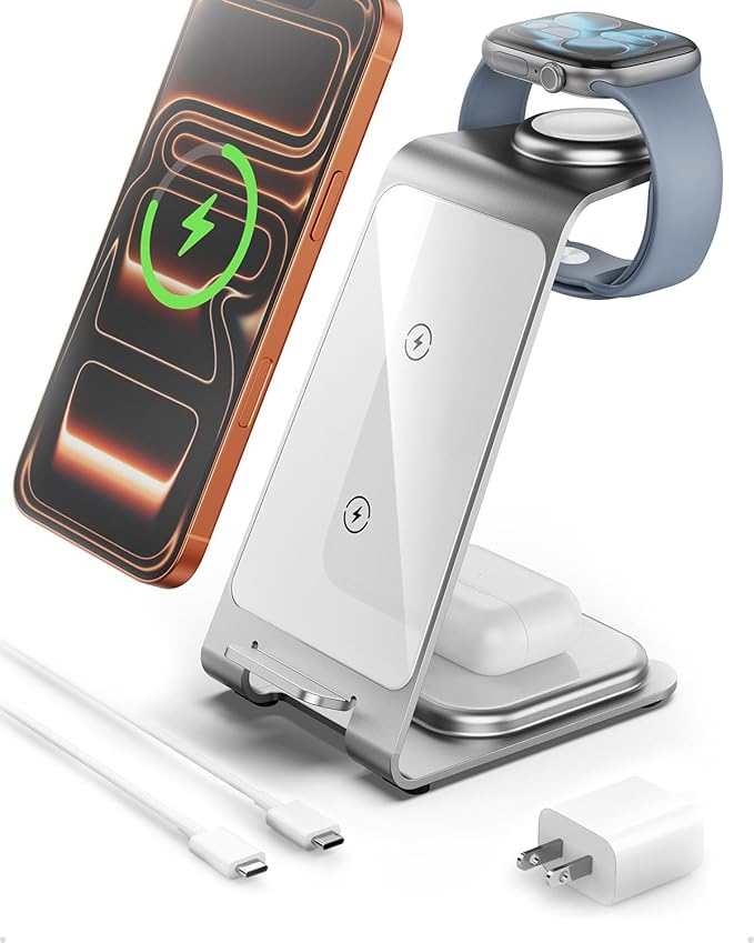 Intoval 3 in 1 Wireless Charging Station for iPhone 17 16 15 14 13 12 11 X Pro Max, Wireless Charger for Apple Watch Ultra 3 SE 9 8 7 6 5 4 3 2, for AirPods 4 Pro Pro 2 3 (Y93, Silver)