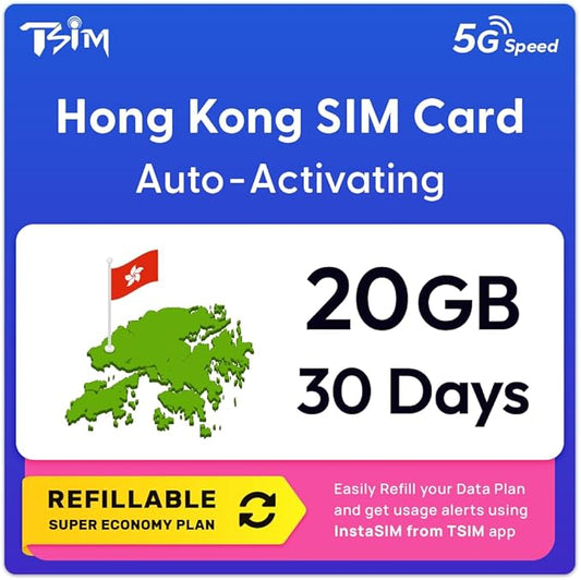 Hong Kong SIM Card | 20GB Super Economy Refillable Plan! Auto Activating 30 Day Validity | 5G Speed + Hotspot | Data-Only No Phone Number