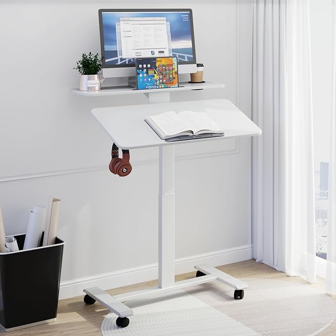 Pneumatic Standing Desk with Wheels - Adjustable Height 28" - 46" & 0-90° Tilt, 31.5" x 17.7" Skin-Feel Desktop, Rolling Computer Desk for Home Office, Hospital, School (White)