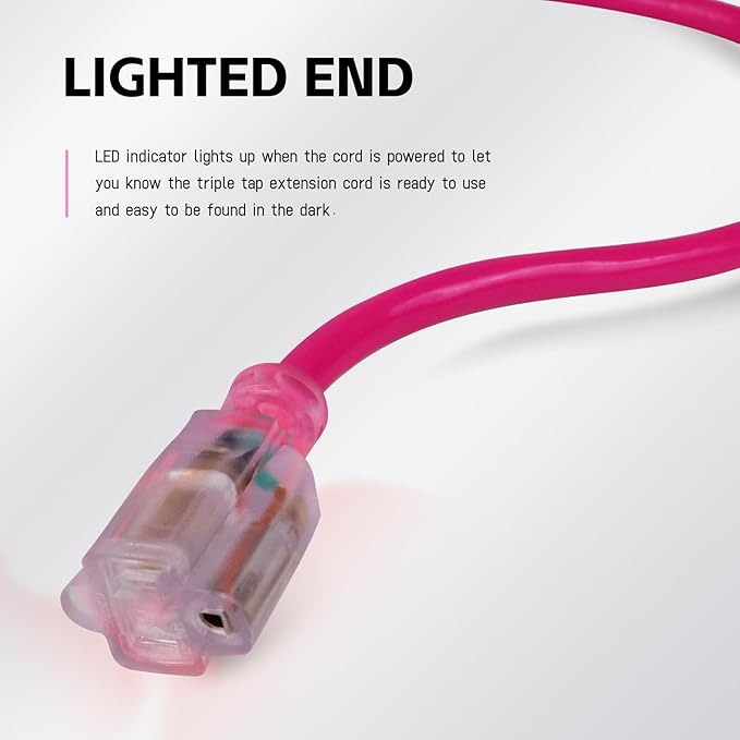 EP 10 Ft Outdoor Extension Cord, 12/3 SJTW Heavy Duty Waterproof Power Cable, 3 Prong Grounded Plug, Lighted End, for Lawn, Garden, Appliances, Pink