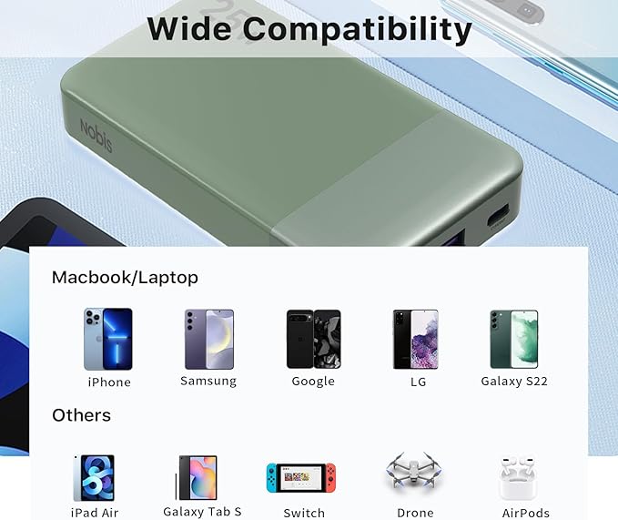 NOBIS Portable Charger, 10000mAh Power Bank Fast Charging, Battery Pack with C to C Cable, Battery Bank with Digital Display for iPhone iPad Android etc (Green, 25W)