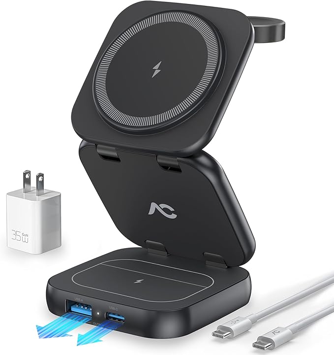 5-in-1 Wireless Charger for MagSafe, AC ISLAND Portable Travel Charging Station, 15W Max Fast Foldable Magnetic Stand, Evolved for iPhone 17/16/15/14/13 Series, Apple Watch, AirPods (with 35W Adapter)