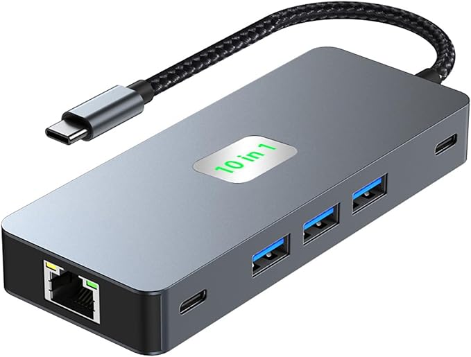 USB C to Dual Monitor DockingStation, USB C to Dual HDMI(4K@60Hz) Multiport Adapter, Thunderbolt 3 Hub (10 in 1 2HDMI 4K60Hz+ RJ45)