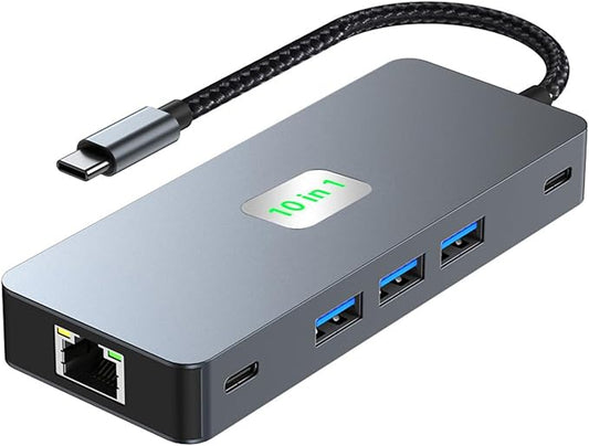 USB C to Dual Monitor DockingStation, USB C to Dual HDMI(4K@60Hz) Multiport Adapter, Thunderbolt 3 Hub (10 in 1 2HDMI 4K60Hz+ RJ45)