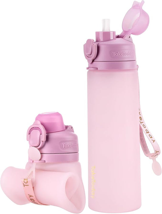 TakeToday Collapsible Water Bottles 20oz, Leak Proof, BPA-Free, Foldable Silicone Travel Water Bottle with Straw Strap for Cycling, Hiking, Outdoors
