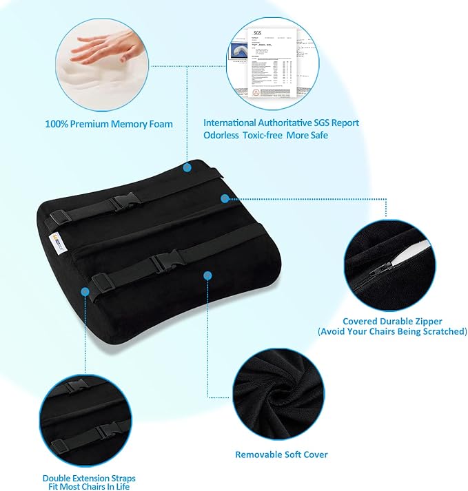 SAIREIDER Comfortable Lumbar Support Pillow for Office Chair, Memory Foam Back Support Pillows for Car、Gaming Chair、 Home Chair, Back Pain Relief Improve Posture, Double Adjustable Straps(Black)