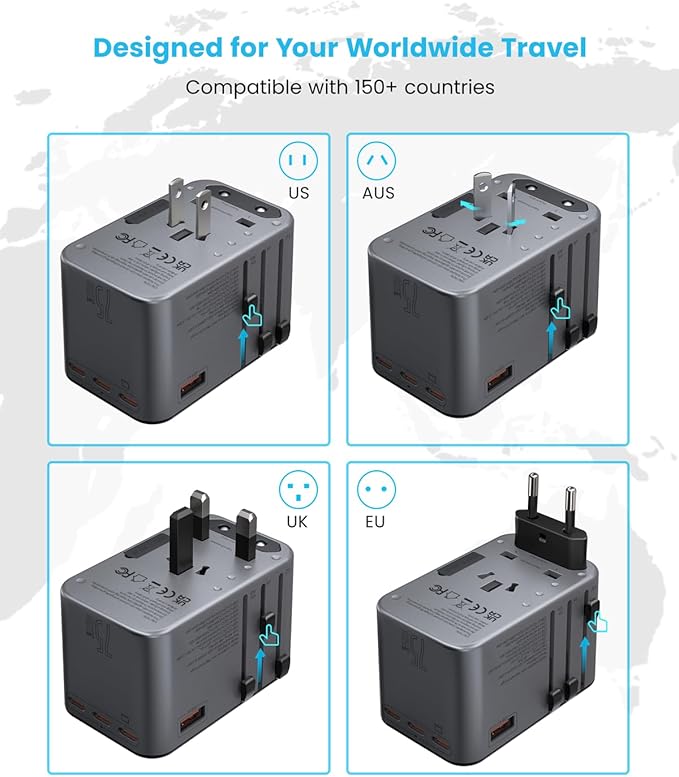 Universal Travel Adapter, VINTAR 75W GaN International Power Adapter with 3 USB-C PD and 2 USB-A QC Charging Ports, All-in-one Outlet Converter Wall Charger for Europe UK USA AUS(Type C/G/A/I), Grey