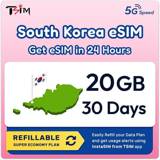 South Korea eSIM | 20GB Super Saver Refillable Plan! QR Code Sent via Email in 24Hrs - Scan & Use Immediately | Auto Activating 30 Day Validity | Hotspot Allowed | Data-Only No Phone Number