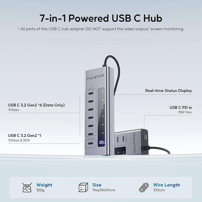 Powered USB C Hub, 7 in 1 USB C Hub Support Data 10Gbps & Charging(Not Support Video), USB C Powered Hub 10Gbps Ports for iMac, MacBook Pro/Air, iPad, XPS, USB Hub with 35W PD Power Adapter