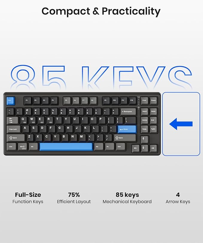 Wireless Mechanical Keyboard,Gasket Mounted with Creamy Sound,Bluetooth/2.4GHz/USB-C,Custom Hot Swappable,RGB Backlit,75% Compact Layout for Gaming/Typing/Win/Mac/PC(Textured Black,Linear Switch)