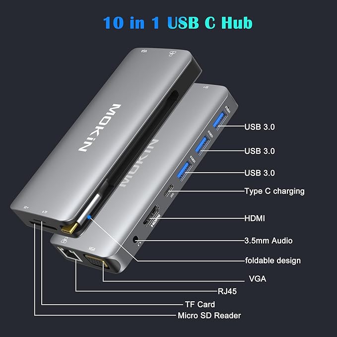 USB C Hub Multiport Adapter-10 in 1 Portable Dongle with 4K HDMI, VGA, Ethernet, 3 USB Ports, Audio, PD Charger, SD/Micro SD Card Reader Compatible for MacBook Pro, XPS More Type C Devices.