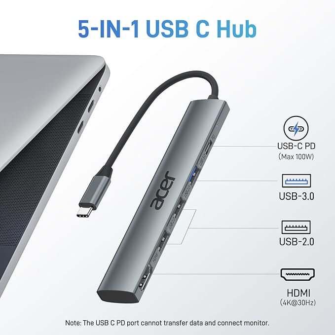 Acer 5 in 1 USB C Hub with 4K HDMI, 100W Power Delivery, 3 USB A Data Ports, USB C to HDMI Multiport Adapter for Laptop, PC, Tablet, MacBook Air, iPad Air, iMac, iPhone 15/16 Pro/Pro Max