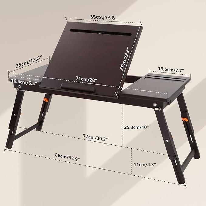 Nnewvante Laptop Bed Desk Bamboo Lap Table with Tablet Slot Height & Angle Adjustable Computer Lap Desk with Drawer Breakfast Serving Tray for Bed Floor, Black Walnut