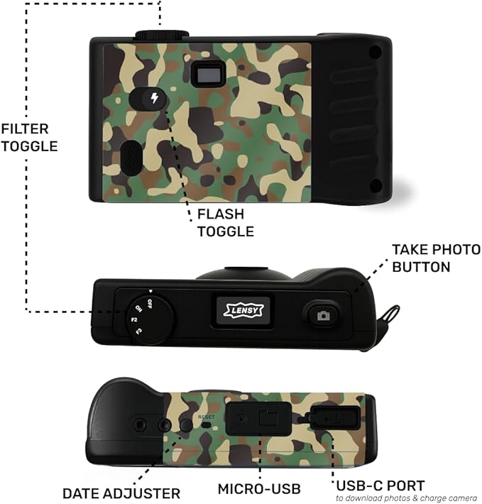 LENSY Screen Free Digital Camera | Four Built in Filters | Rechargeable, 8mp, Lightweight, Focus-Free, Auto-Flash, Easy-to-Use, Reusable, Retro Film-Style Photos (Camo)