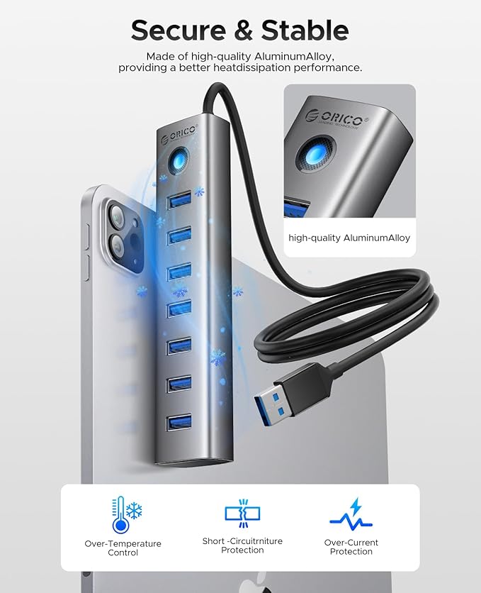ORICO Aluminum 7-Port USB Hub with 3.28Ft Cable, Multiple USB 3.0 Hub, 5Gbps Data Transfer, 5V 3A Type-C Port, UBS-A Splitter for PC, Laptop, Desktop