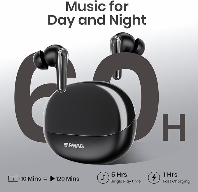 Wireless Earbuds Bluetooth 5.4 Light Weight in Ear Earphones 10mm Drivers with Powerful Bass IPX5 Waterproof Headphones 60H Long Playtime Bluetooth Headphones ANC ENC Noise Cancelling Black