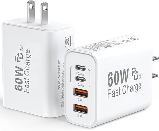 USB C Wall Fast Charger Block, 60W 4-Port Type C Charger Fast Charging Blocks +QC 3.0 USB C Multiport Charger Brick for Phone 16/15/14/13/12 Pro Max, Pad, Galaxy S24/23