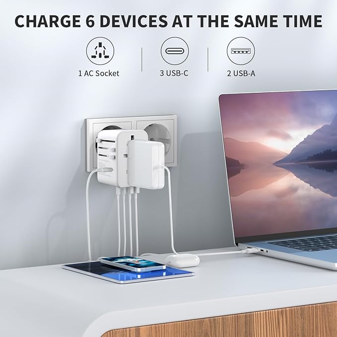 EPICKA Universal Travel Adapter, GaN International Plug Adapter with 3 USB-C 70W PD Fast Charging & 2 USB-A Adaptor All-in-one Wall Charger for USA EU UK AUS (TA-105 Pro, White)