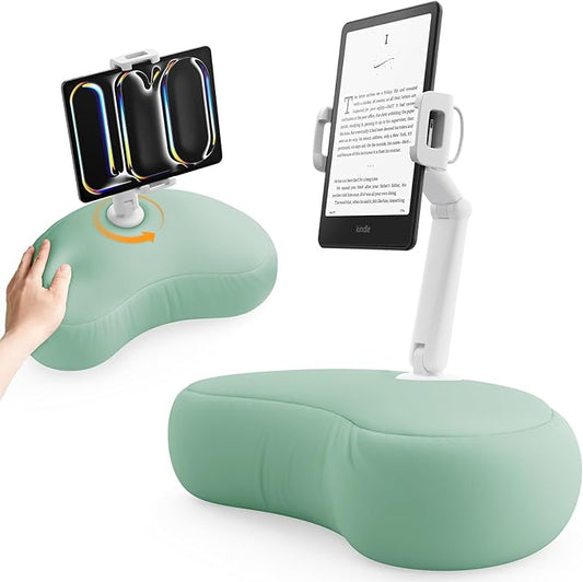SAIJI Kindle Pillow Stand, iPad Stand Compatible with 4.7”-15.6” Kindle, Phone, iPad, 360° Adjustable Tablet Holder for Bed with Flexible Dual Axis Arm and Microbead Cushion (Cyan)
