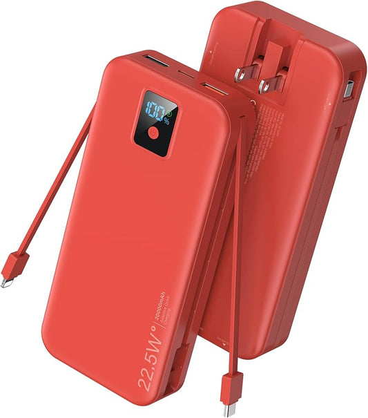 Portable Charger, 20000mAh 22.5W Fast Charging Power Bank with Built-in Cables & Wall Plug, Travel Essential Battery Pack with LED Display, USB C Battery Phone Charger for iPhone, iPad, Samsung Red