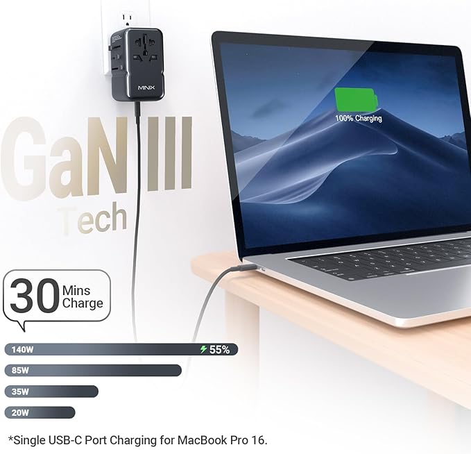 MINIX 85W Universal Travel Adapter, GaN III International Power Adapter, 3 USB-C 2 USB-A Ports, AC Outlet, Worldwide US/UK/EU/AU Travel Charger for Laptops Tablets Phones and More