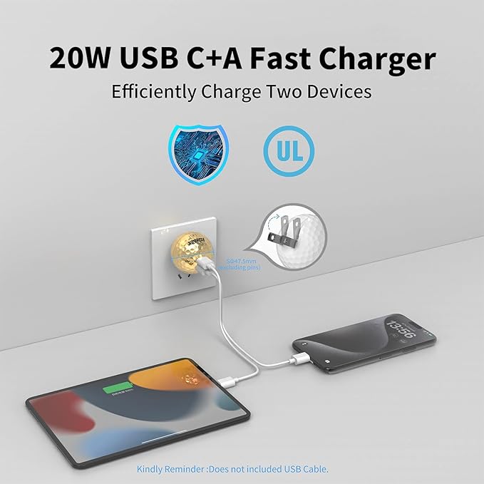 20W Dual Port Creative Golf Ball Charger Block， GaN III Power Adapter Fast Wall Charger with UL Certified, Fast Charging for iPhone 16/16 Pro/16 Pro Max/16 Plus/15/14/13/12, Galaxy, iPad, Airpods