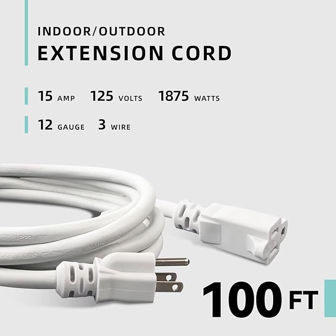 100ft Indoor Outdoor Extension Cord - 12/3 SJTW Heavy Duty Extension Cable with 3 Prong Grounded Plug for Safety -15Amp 1875W White Electric Cord Great for Garden, Appliances