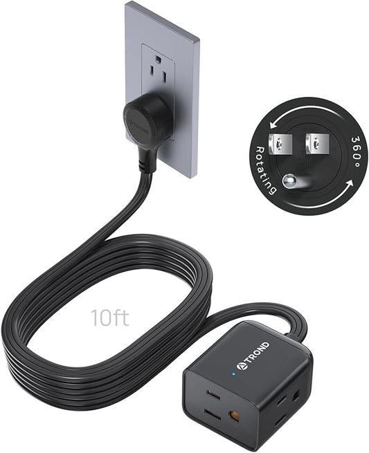 TROND 360° Rotating Flat Plug Extension Cord 10ft, Low Profile Small Power Strip, 3 Side Grounded Outlet, 13A, SPT 16/3 Gauge Cable for Indoor Home Office Kitchen Cruise Travel Essentials, Black